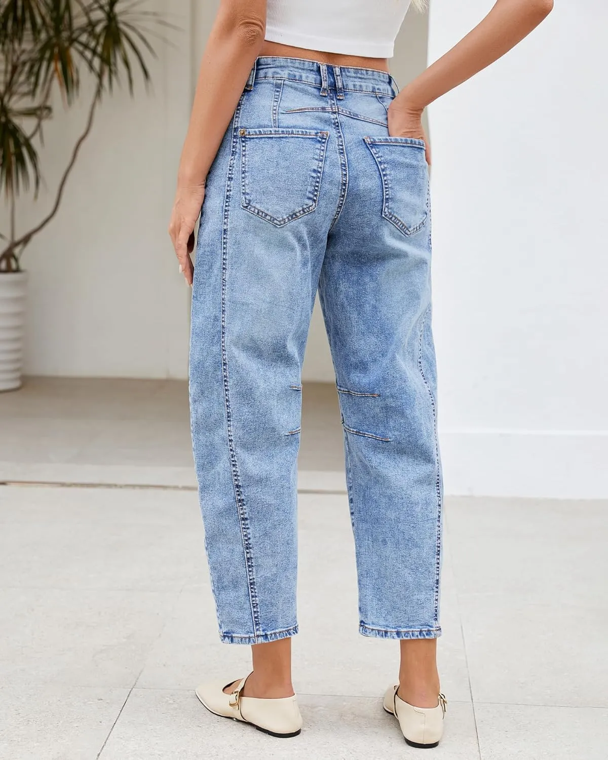 LookbookStore Barrel Jeans for Women High Waisted Cropped Wide Leg Trendy Baggy Distressed Stretchy Denim Jean Pants