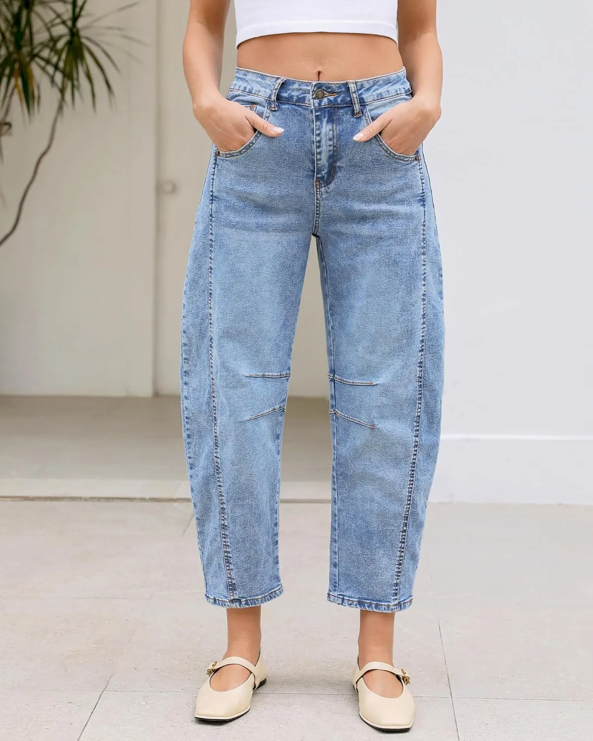 LookbookStore Barrel Jeans for Women High Waisted Cropped Wide Leg Trendy Baggy Distressed Stretchy Denim Jean Pants
