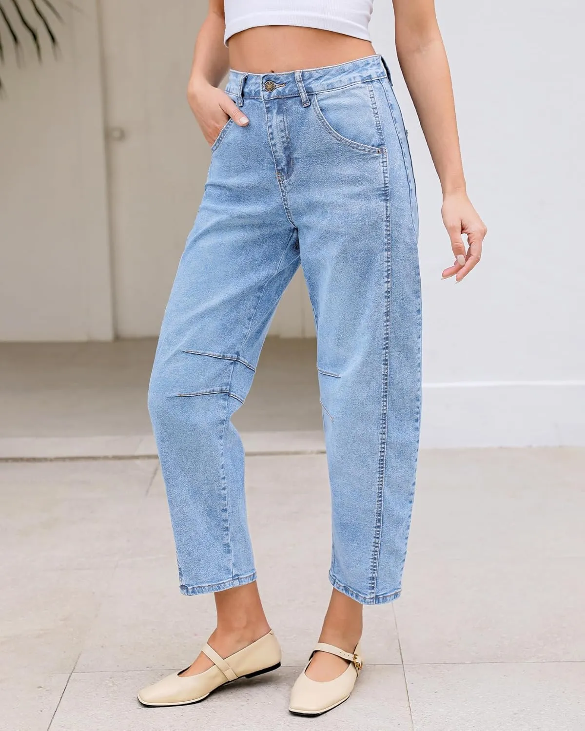 LookbookStore Barrel Jeans for Women High Waisted Cropped Wide Leg Trendy Baggy Distressed Stretchy Denim Jean Pants