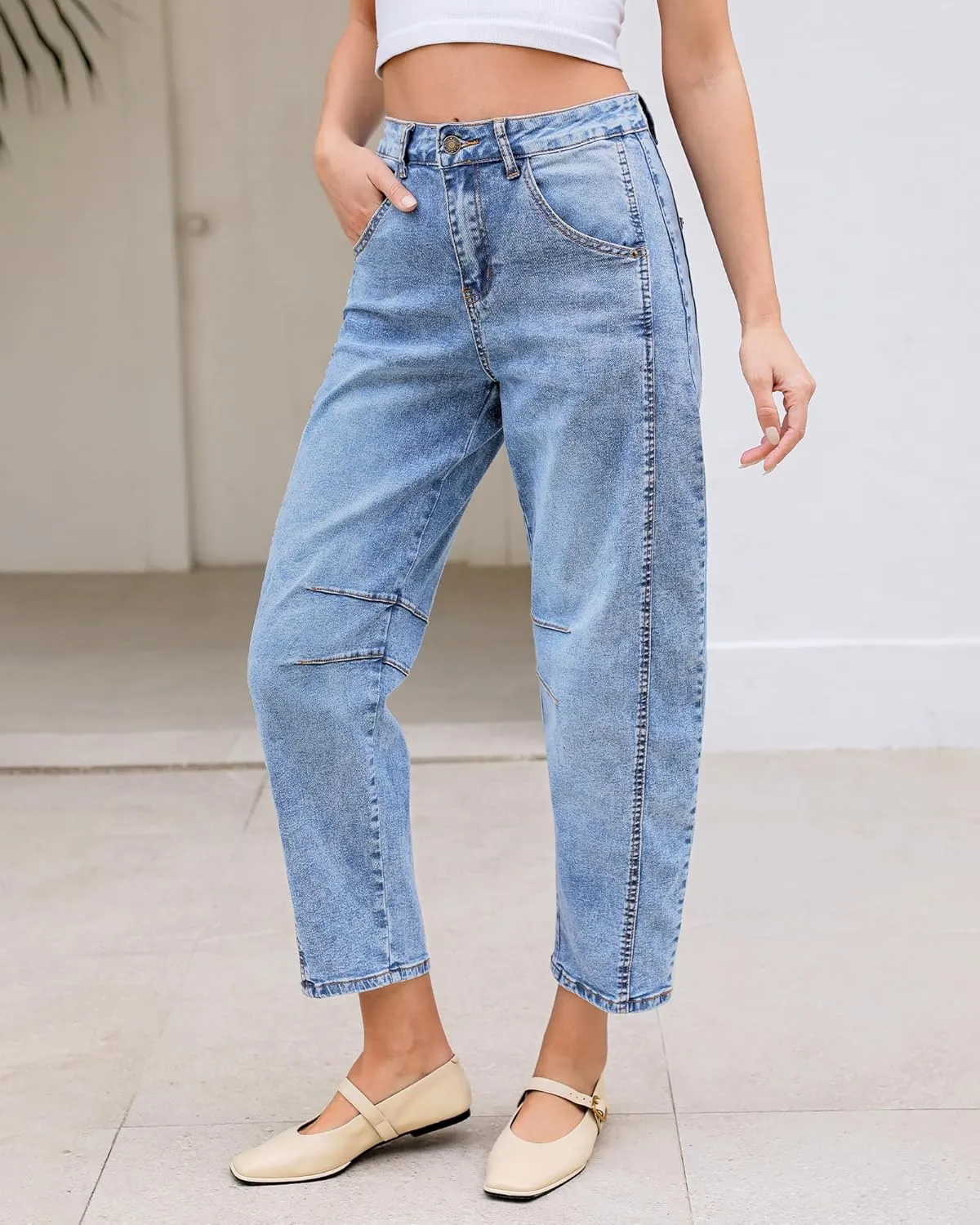 LookbookStore Barrel Jeans for Women High Waisted Cropped Wide Leg Trendy Baggy Distressed Stretchy Denim Jean Pants