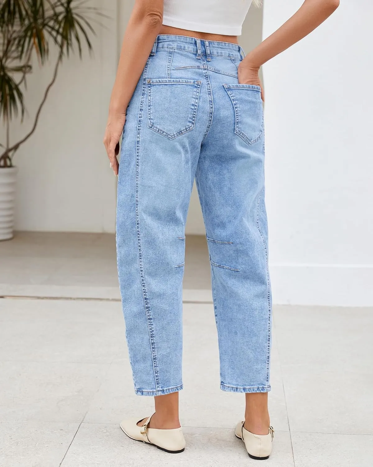 LookbookStore Barrel Jeans for Women High Waisted Cropped Wide Leg Trendy Baggy Distressed Stretchy Denim Jean Pants