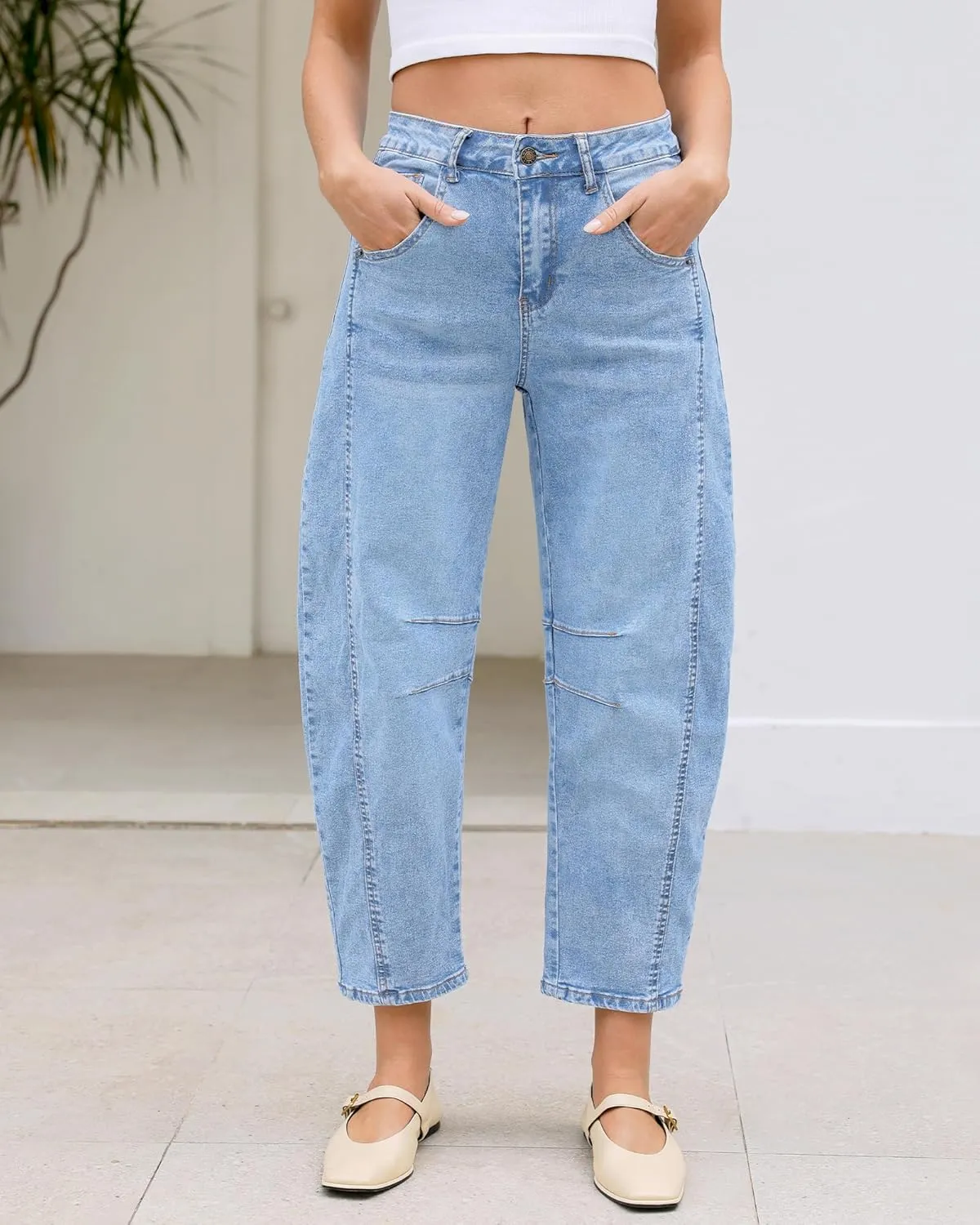 LookbookStore Barrel Jeans for Women High Waisted Cropped Wide Leg Trendy Baggy Distressed Stretchy Denim Jean Pants