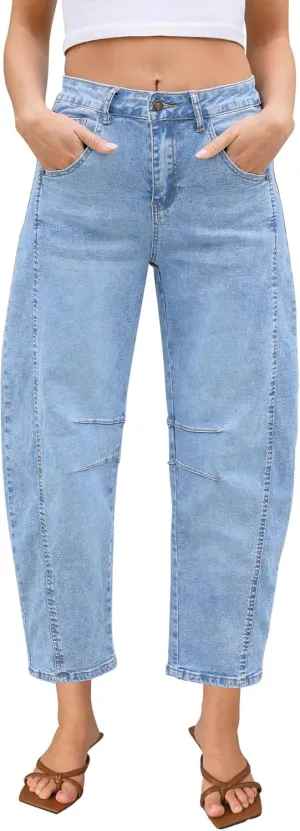 LookbookStore Barrel Jeans for Women High Waisted Cropped Wide Leg Trendy Baggy Distressed Stretchy Denim Jean Pants