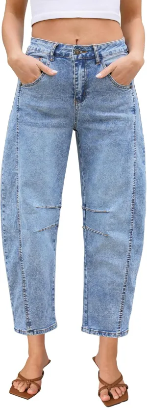LookbookStore Barrel Jeans for Women High Waisted Cropped Wide Leg Trendy Baggy Distressed Stretchy Denim Jean Pants