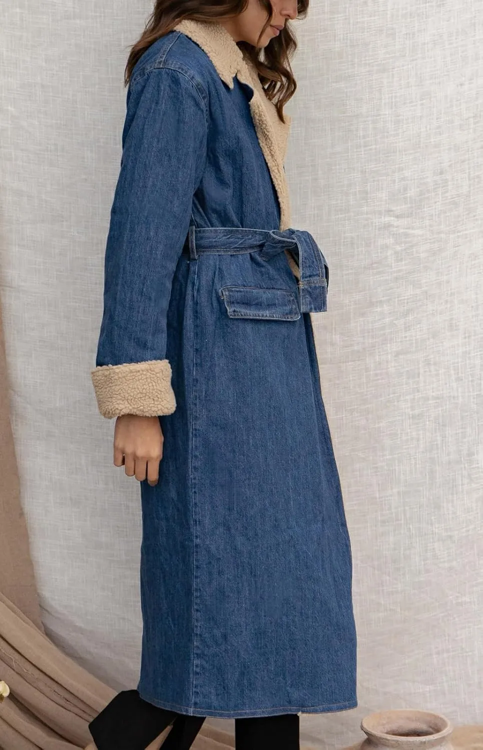 loveimgs Women c Barn Quilted Denim Trench Coat Winter Overcoat with Belt
