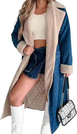 loveimgs Women c Barn Quilted Denim Trench Coat Winter Overcoat with Belt