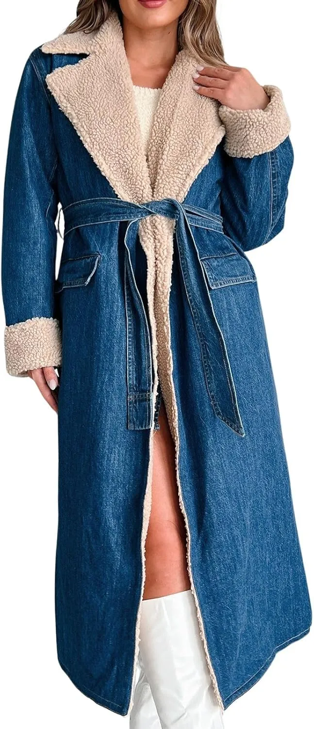 loveimgs Women c Barn Quilted Denim Trench Coat Winter Overcoat with Belt