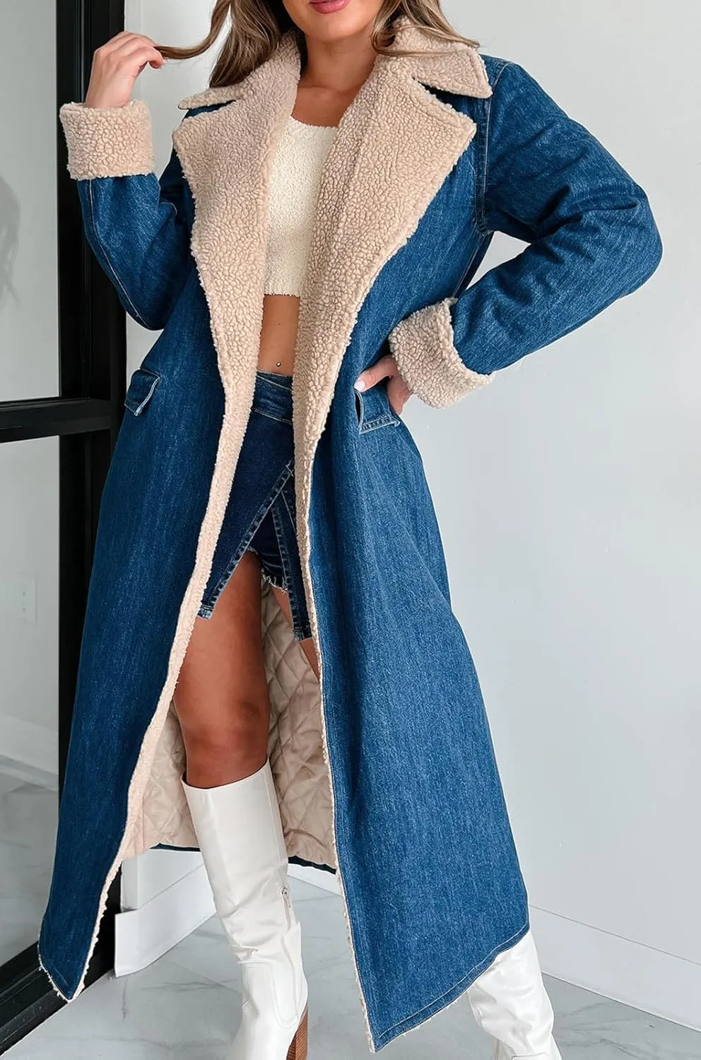 loveimgs Women c Barn Quilted Denim Trench Coat Winter Overcoat with Belt