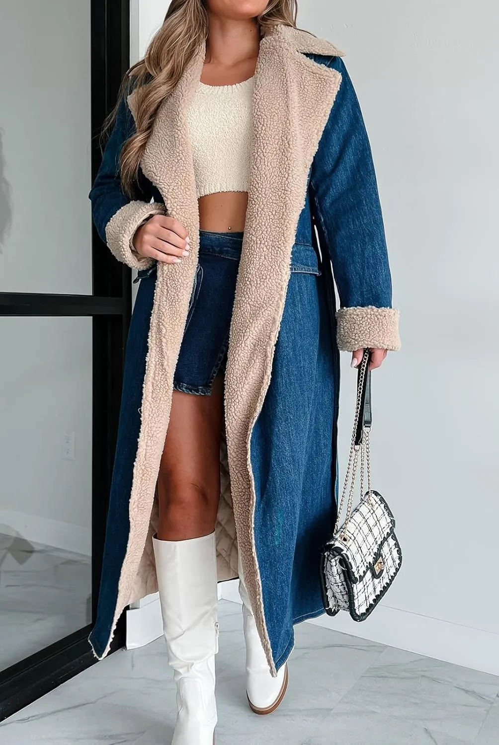 loveimgs Women c Barn Quilted Denim Trench Coat Winter Overcoat with Belt