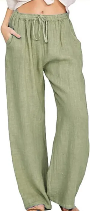 loveimgs Women's Casual Wide Leg Elastic Waist Loose Lightweight Summer Linen Beach Pants Drawstring