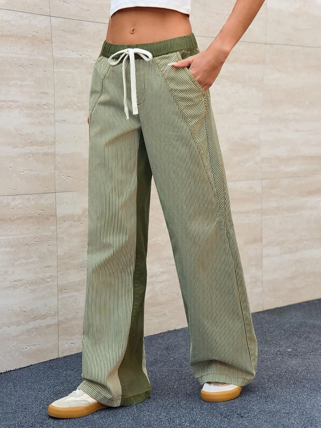 Low Rise Striped Pants for Women Pull On Drawstring Boho Wide Leg Jeans Trendy 2025