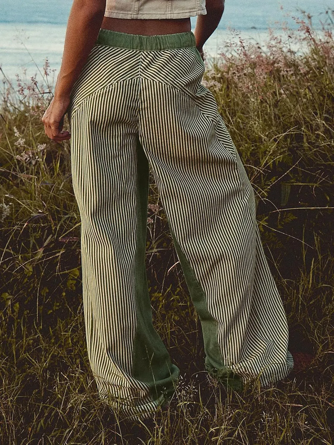 Low Rise Striped Pants for Women Pull On Drawstring Boho Wide Leg Jeans Trendy 2025