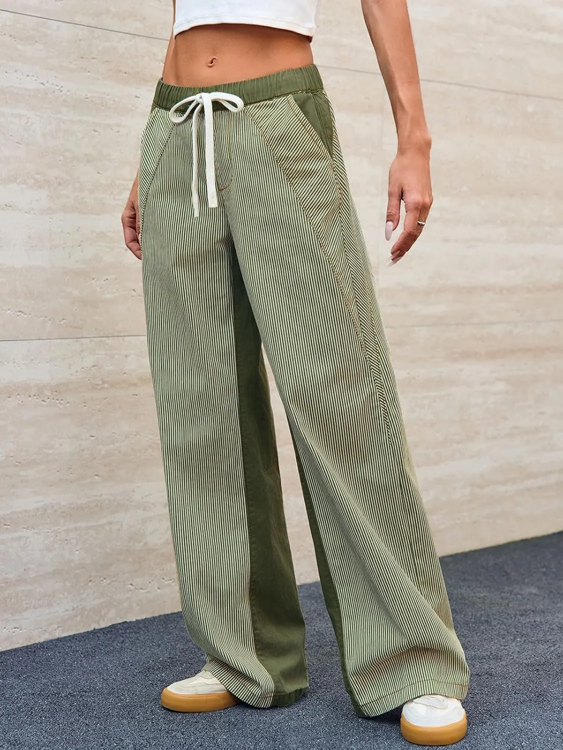 Low Rise Striped Pants for Women Pull On Drawstring Boho Wide Leg Jeans Trendy 2025