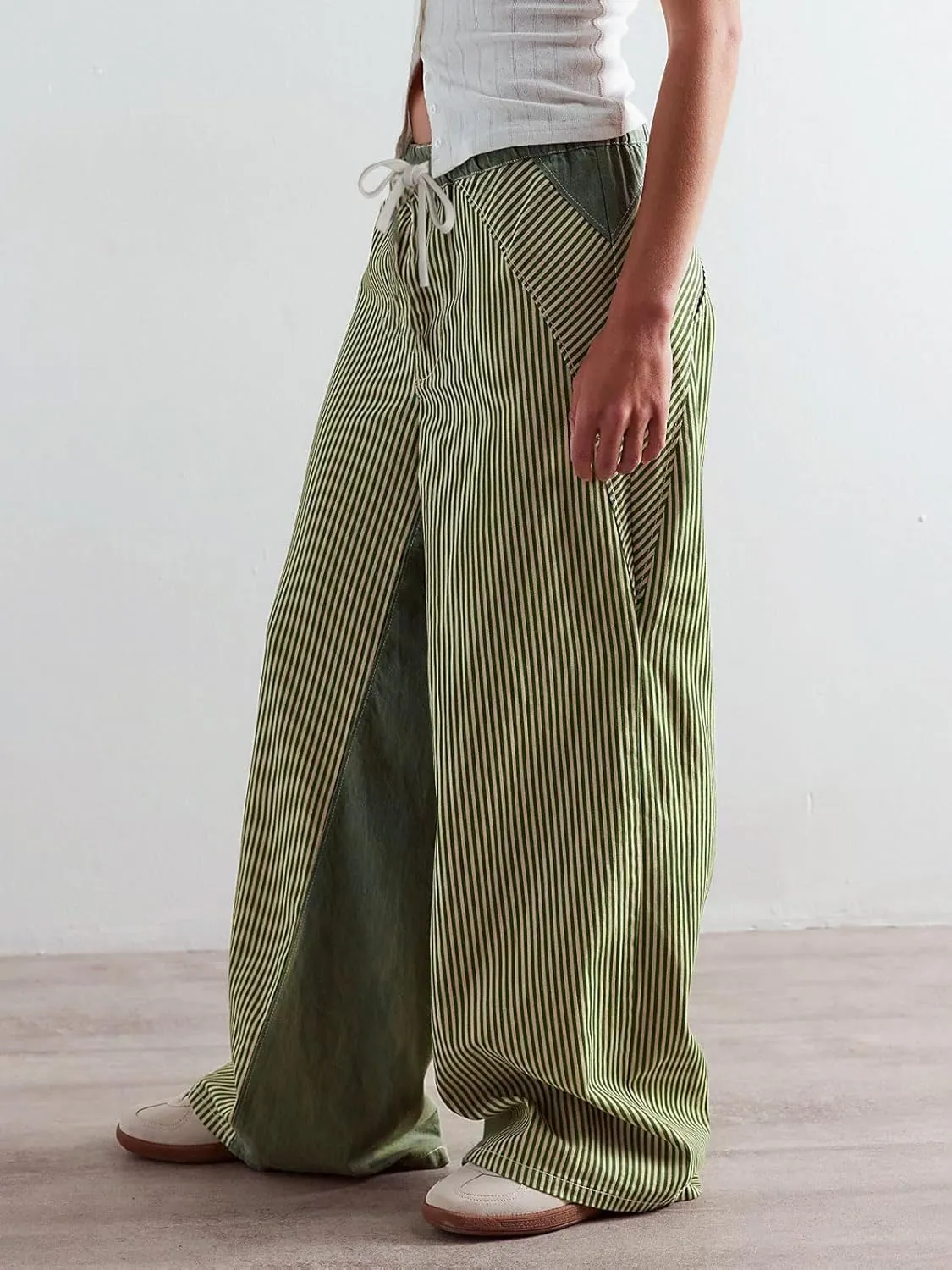 Low Rise Striped Pants for Women Pull On Drawstring Boho Wide Leg Jeans Trendy 2025