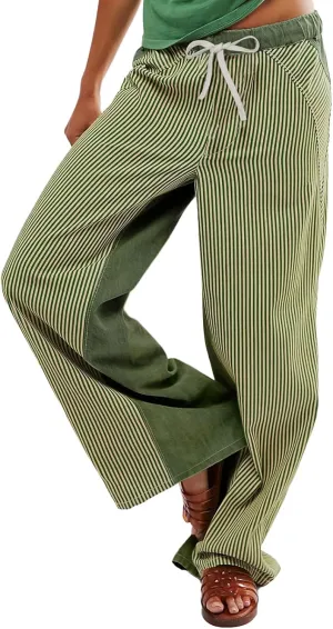 Low Rise Striped Pants for Women Pull On Drawstring Boho Wide Leg Jeans Trendy 2025