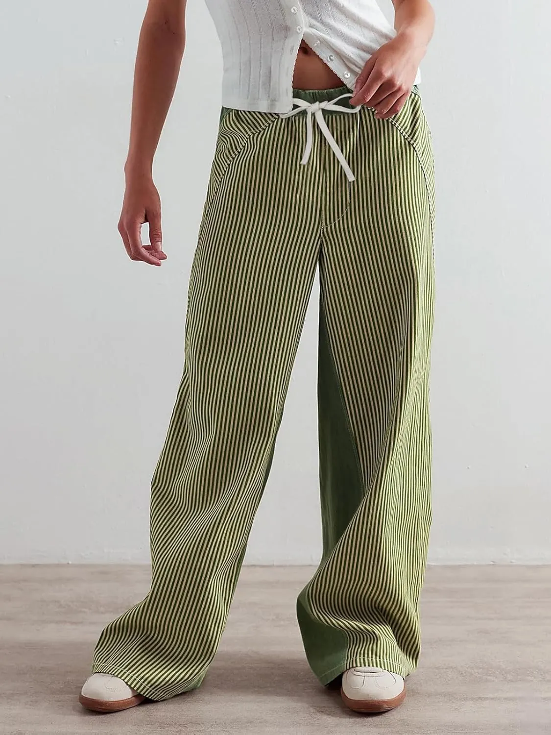 Low Rise Striped Pants for Women Pull On Drawstring Boho Wide Leg Jeans Trendy 2025