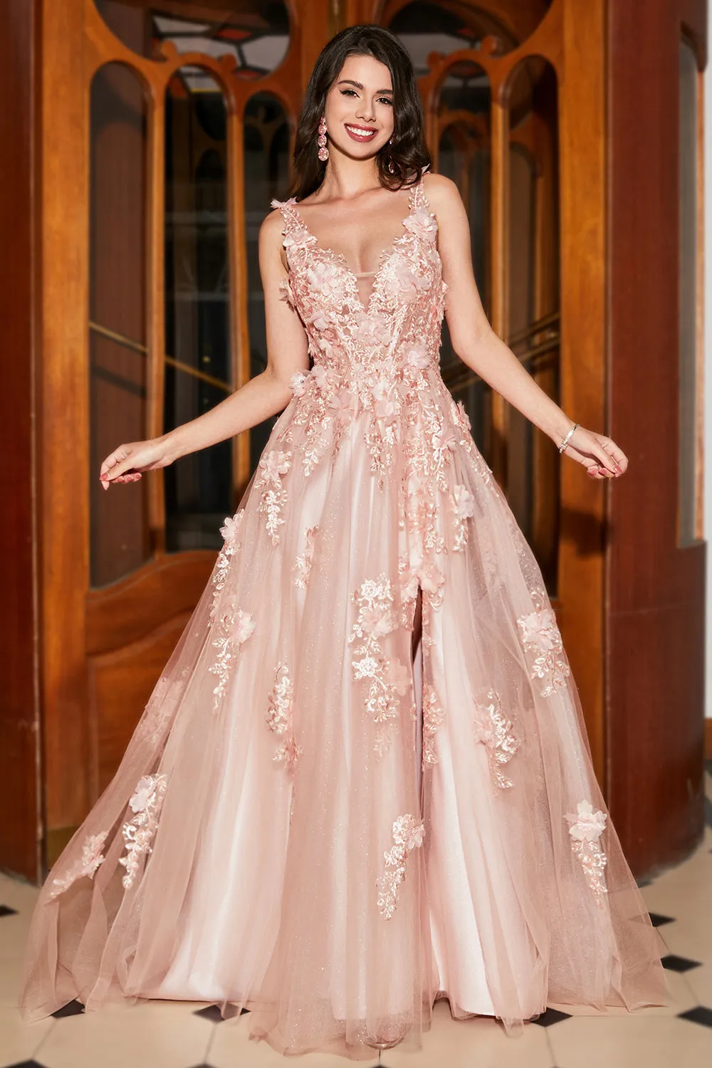 Luolandi Blush A-Line Spaghetti Straps Long Appliqued Prom Dress with Slit Sexy