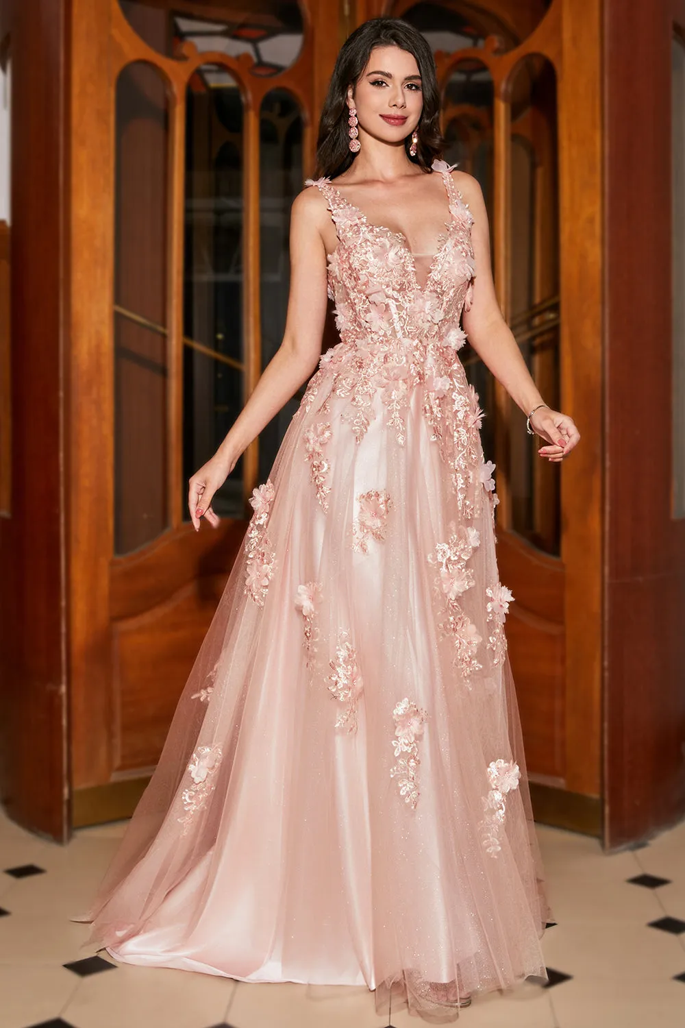 Luolandi Blush A-Line Spaghetti Straps Long Appliqued Prom Dress with Slit Sexy