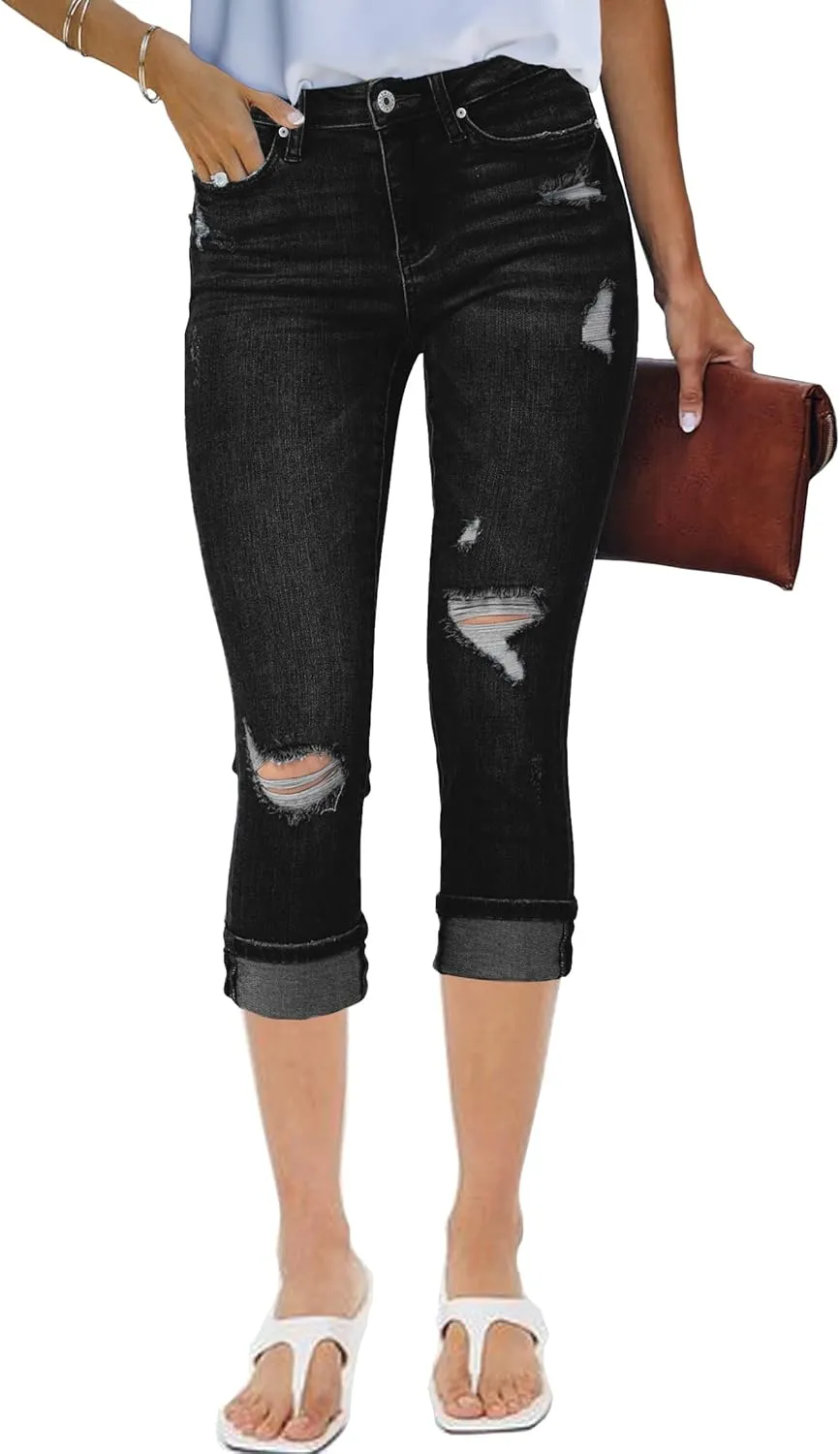 luvamia Capri Jeans for Women Stretch High Waisted Distressed Denim Capris Ripped Skinny Cropped Pants