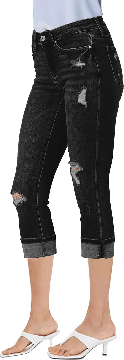 luvamia Capri Jeans for Women Stretch High Waisted Distressed Denim Capris Ripped Skinny Cropped Pants