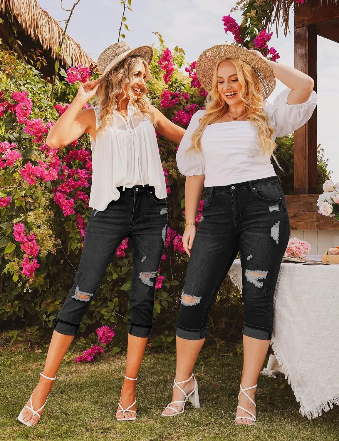 luvamia Capri Jeans for Women Stretch High Waisted Distressed Denim Capris Ripped Skinny Cropped Pants