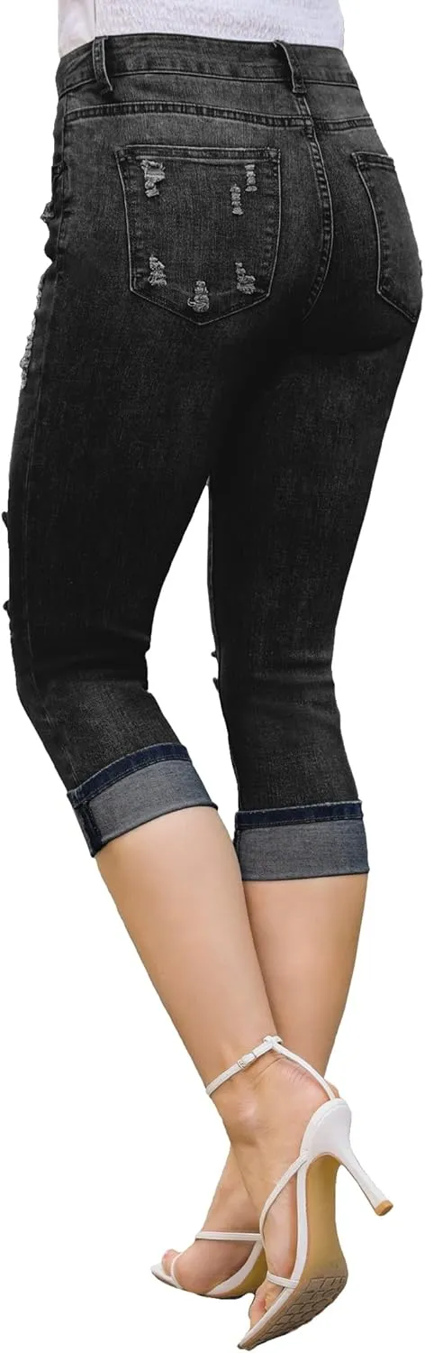 luvamia Capri Jeans for Women Stretch High Waisted Distressed Denim Capris Ripped Skinny Cropped Pants