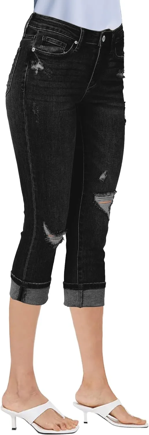 luvamia Capri Jeans for Women Stretch High Waisted Distressed Denim Capris Ripped Skinny Cropped Pants