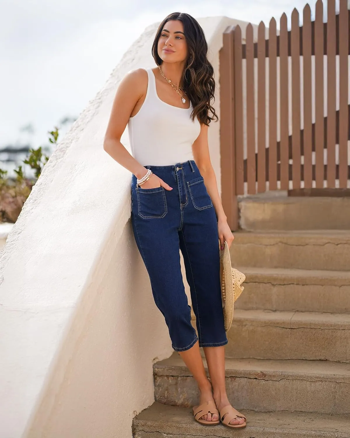 luvamia Capris Jeans for Women Trendy High Waisted Patch Pocket Casual Summer Cropped Stretchy Denim Skinny Capri Pants