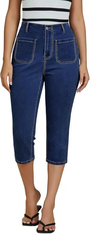 luvamia Capris Jeans for Women Trendy High Waisted Patch Pocket Casual Summer Cropped Stretchy Denim Skinny Capri Pants