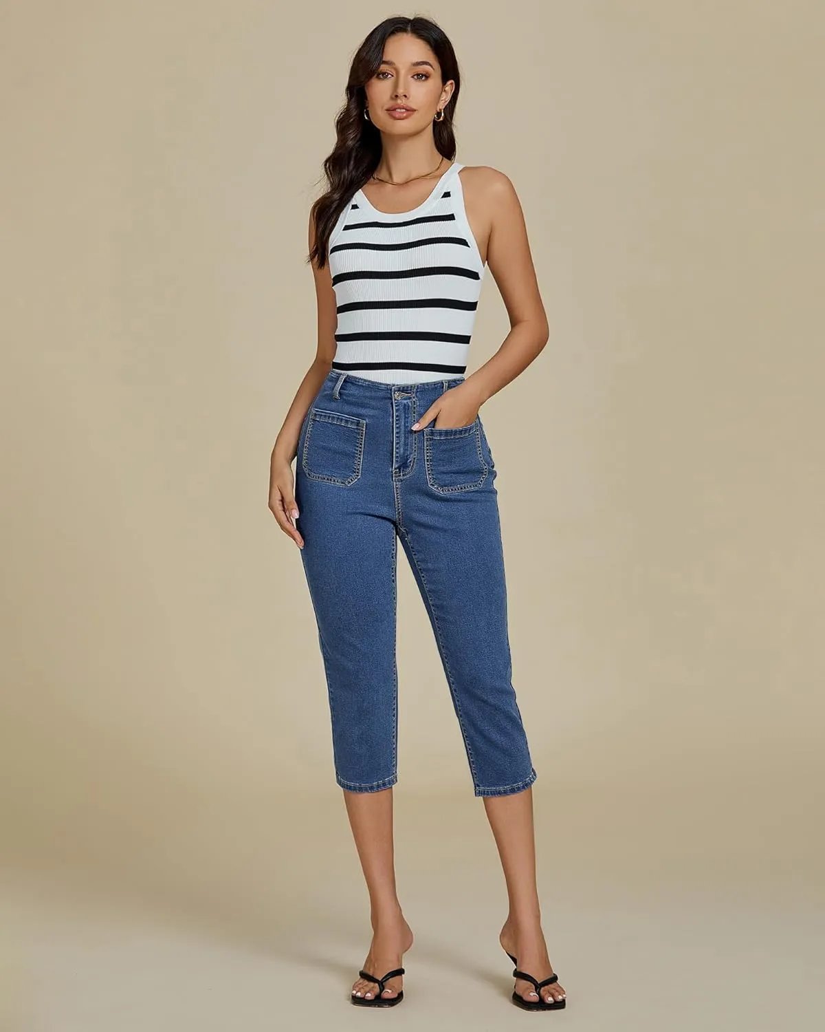 luvamia Capris Jeans for Women Trendy High Waisted Patch Pocket Casual Summer Cropped Stretchy Denim Skinny Capri Pants
