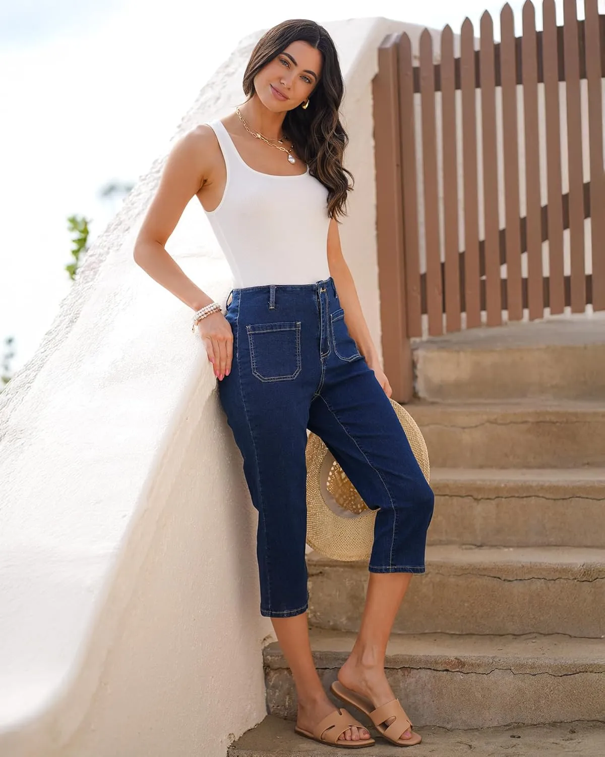 luvamia Capris Jeans for Women Trendy High Waisted Patch Pocket Casual Summer Cropped Stretchy Denim Skinny Capri Pants