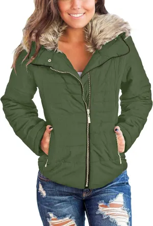 luvamia Women Casual Warm Winter Faux Fur Quilted Parka Lapel Zip Jacket Puffer Coat