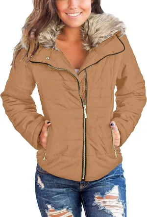 luvamia Women Casual Warm Winter Faux Fur Quilted Parka Lapel Zip Jacket Puffer Coat