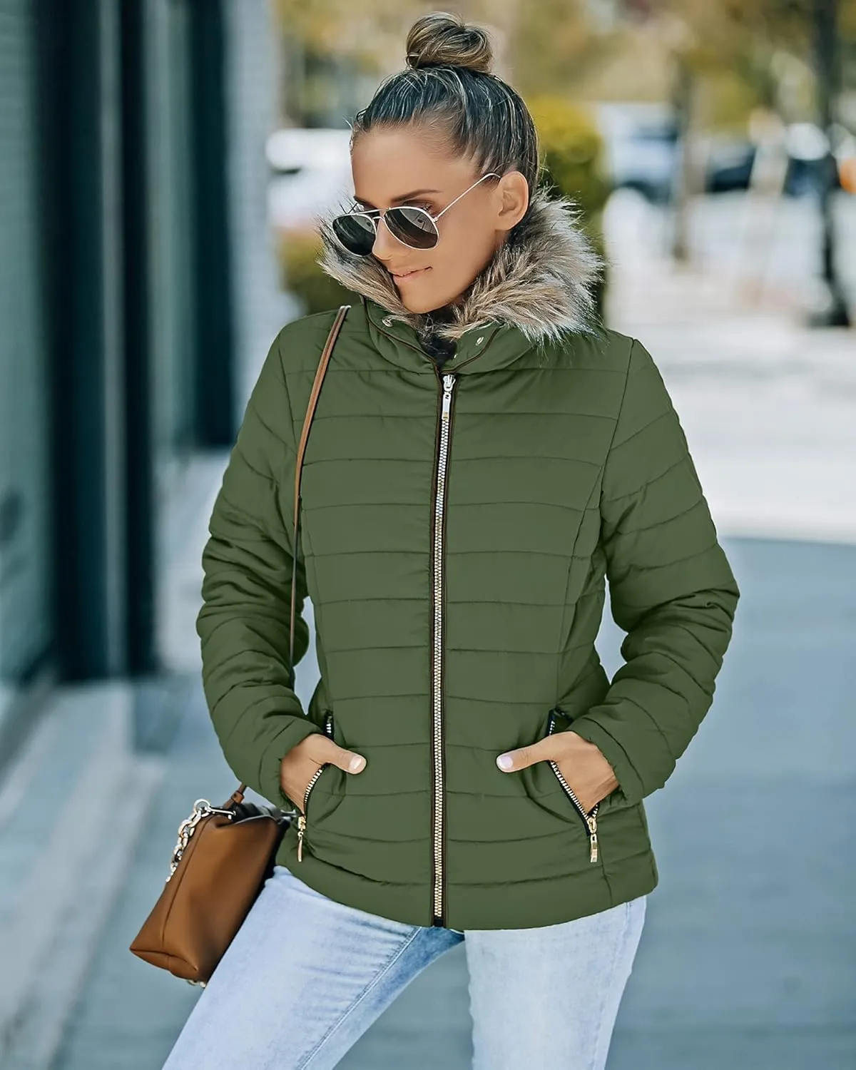 luvamia Women Casual Warm Winter Faux Fur Quilted Parka Lapel Zip Jacket Puffer Coat
