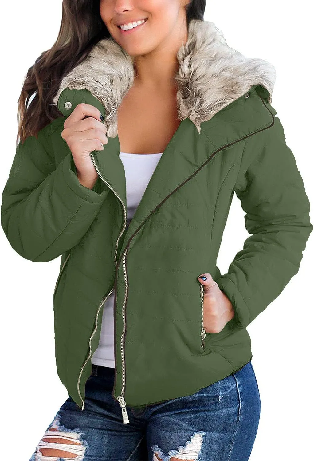 luvamia Women Casual Warm Winter Faux Fur Quilted Parka Lapel Zip Jacket Puffer Coat