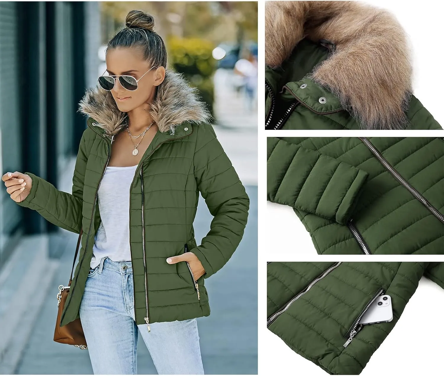 luvamia Women Casual Warm Winter Faux Fur Quilted Parka Lapel Zip Jacket Puffer Coat