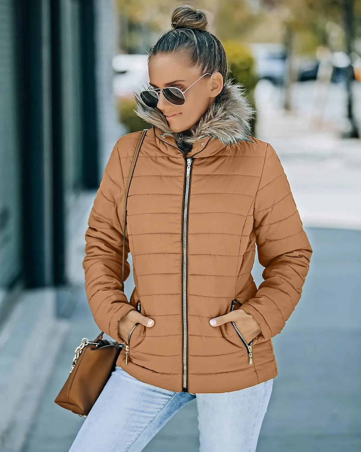 luvamia Women Casual Warm Winter Faux Fur Quilted Parka Lapel Zip Jacket Puffer Coat