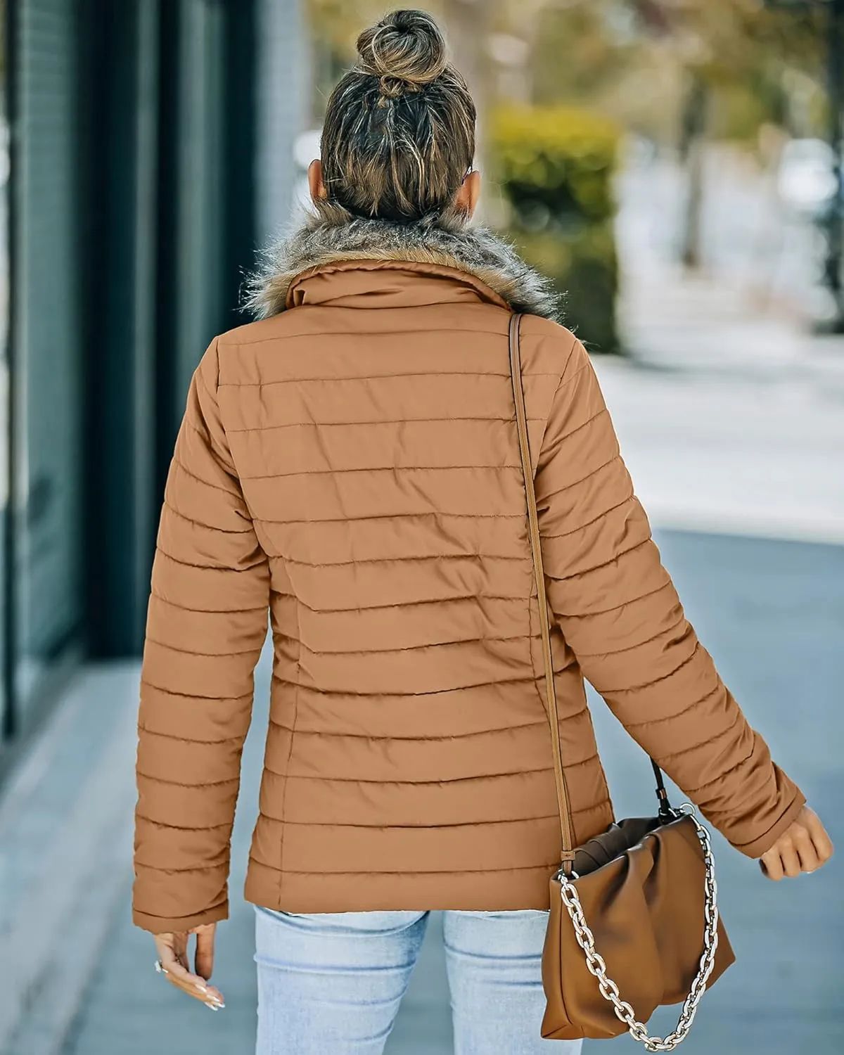 luvamia Women Casual Warm Winter Faux Fur Quilted Parka Lapel Zip Jacket Puffer Coat