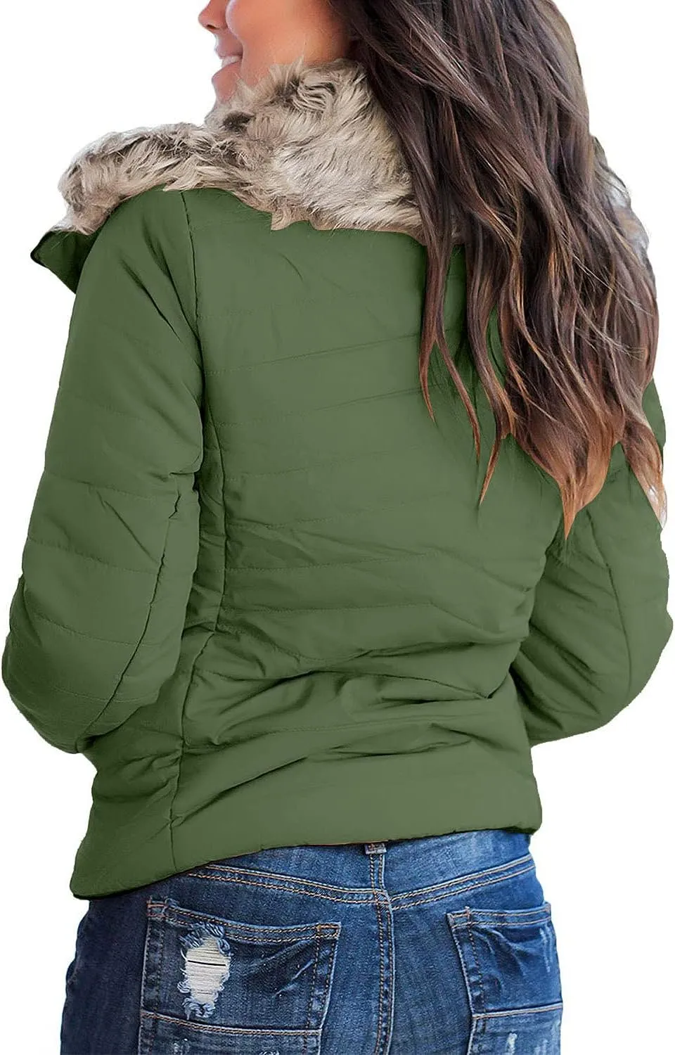 luvamia Women Casual Warm Winter Faux Fur Quilted Parka Lapel Zip Jacket Puffer Coat