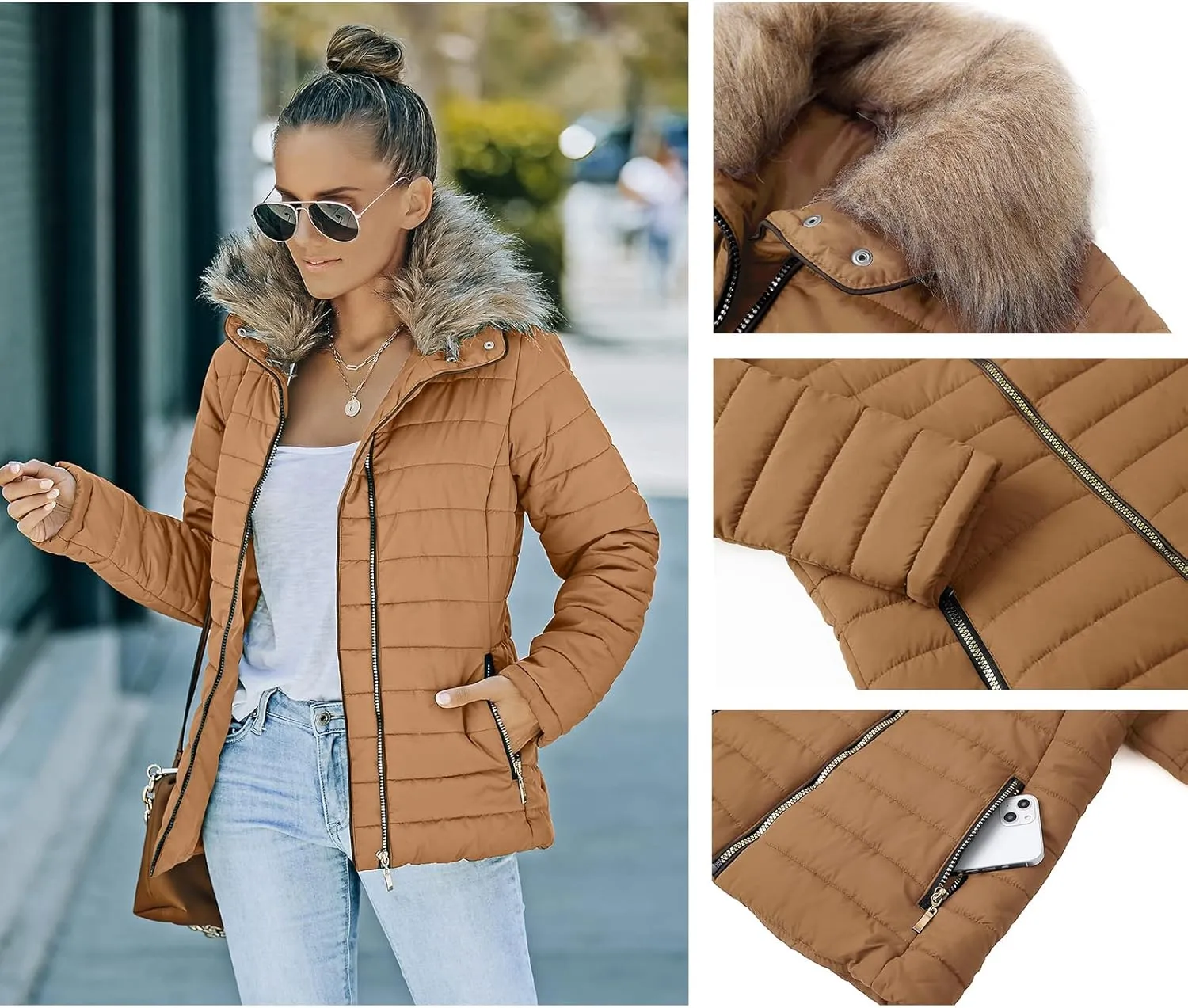 luvamia Women Casual Warm Winter Faux Fur Quilted Parka Lapel Zip Jacket Puffer Coat