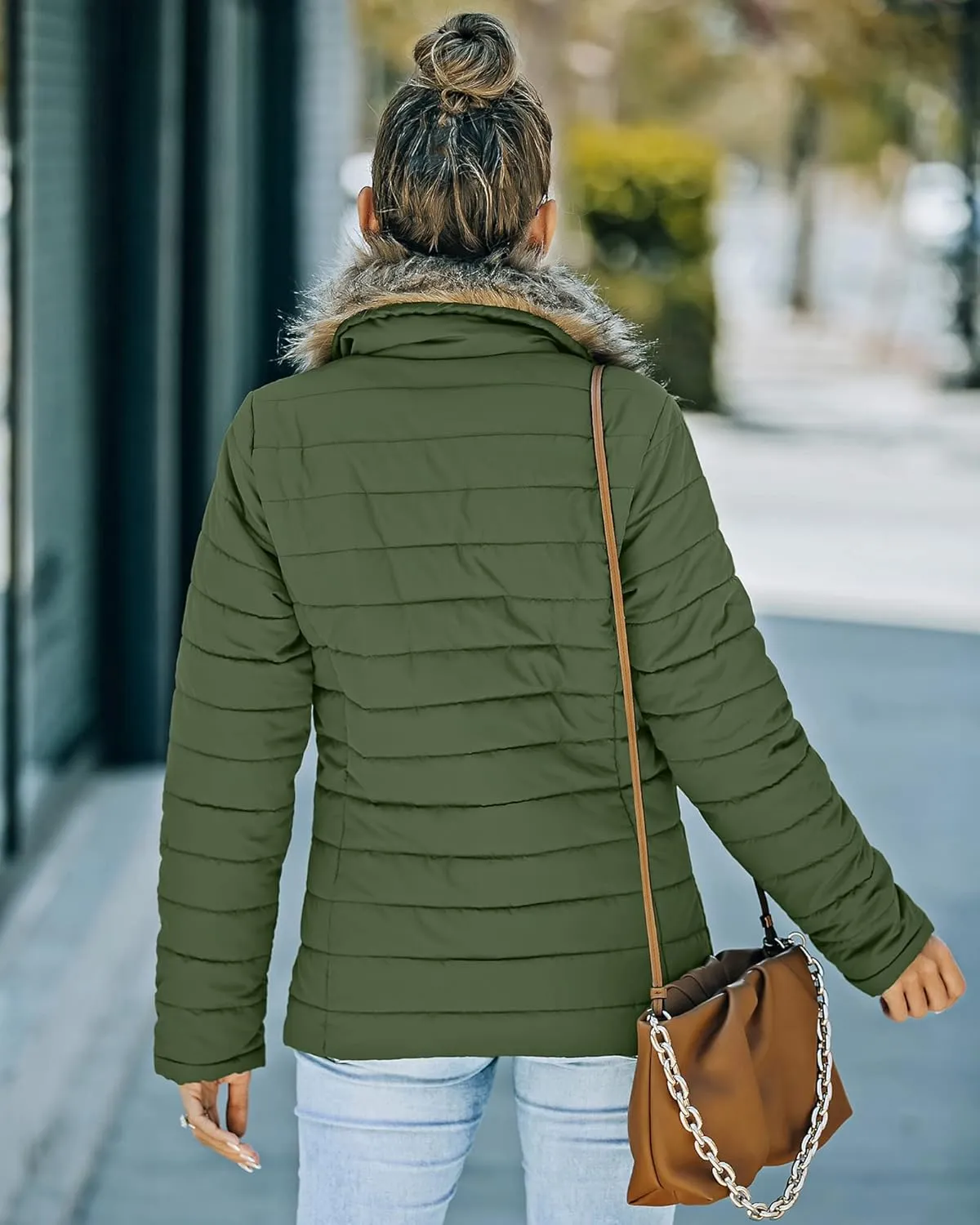 luvamia Women Casual Warm Winter Faux Fur Quilted Parka Lapel Zip Jacket Puffer Coat