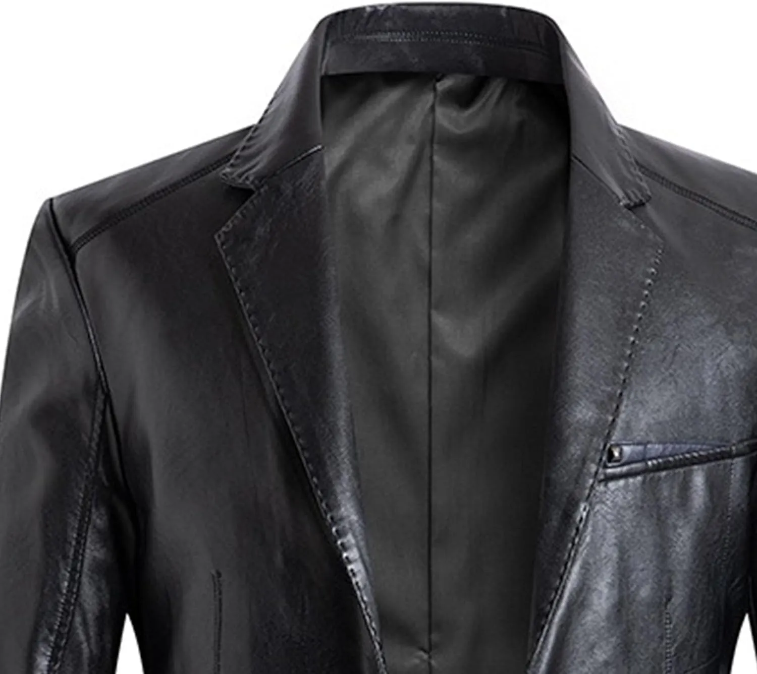 Maiyifu-GJ Leather Blazer for Men Classic Faux Leather Business Sport Coat Notched Collar One Button Slim Moto Suits Jacket
