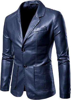 Maiyifu-GJ Leather Blazer for Men Classic Faux Leather Business Sport Coat Notched Collar One Button Slim Moto Suits Jacket