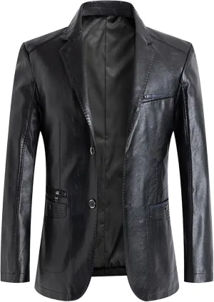 Maiyifu-GJ Leather Blazer for Men Classic Faux Leather Business Sport Coat Notched Collar One Button Slim Moto Suits Jacket