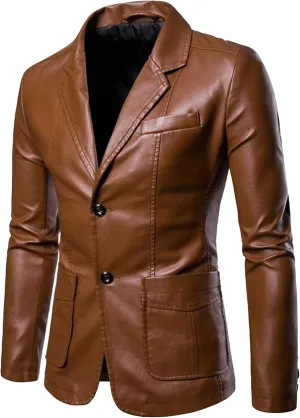 Maiyifu-GJ Leather Blazer for Men Classic Faux Leather Business Sport Coat Notched Collar One Button Slim Moto Suits Jacket