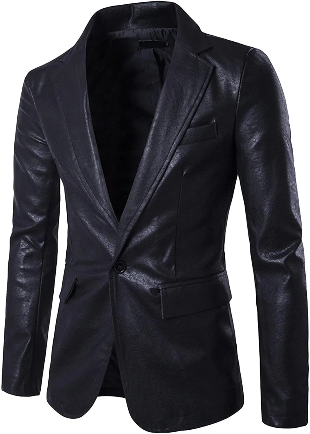 Maiyifu-GJ Leather Blazer for Men Classic Faux Leather Business Sport Coat Notched Collar One Button Slim Moto Suits Jacket
