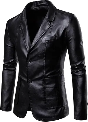 Maiyifu-GJ Leather Blazer for Men Classic Faux Leather Business Sport Coat Notched Collar One Button Slim Moto Suits Jacket