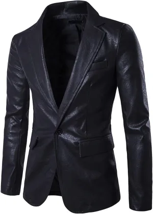 Maiyifu-GJ Leather Blazer for Men Classic Faux Leather Business Sport Coat Notched Collar One Button Slim Moto Suits Jacket