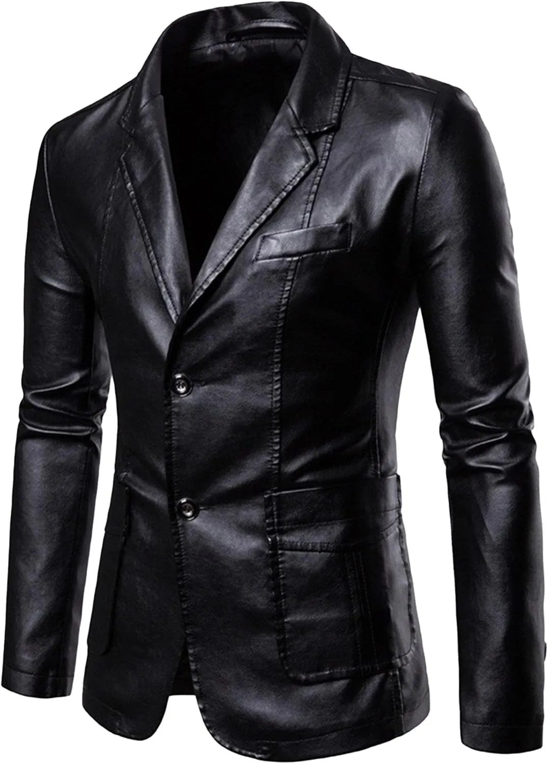 Maiyifu-GJ Leather Blazer for Men Classic Faux Leather Business Sport Coat Notched Collar One Button Slim Moto Suits Jacket