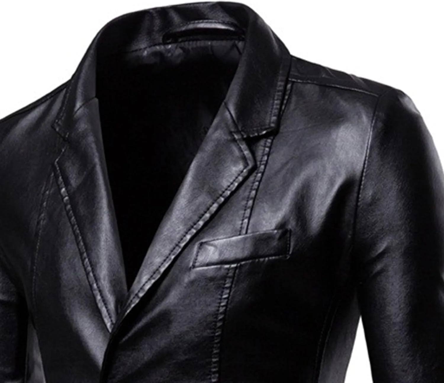 Maiyifu-GJ Leather Blazer for Men Classic Faux Leather Business Sport Coat Notched Collar One Button Slim Moto Suits Jacket
